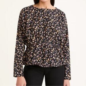 Merlette Blouse Cotton Navy Blue Mini Floral Long Sleeve Peplum Hem New